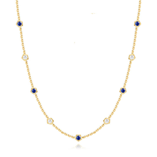 This Necklace is available in 14K Yellow Gold. There are a total of 9 stones. There are Rounds with a total carat weight of 0.22 set in a Bezel Set setting.There are Sapphire stones with a total carat weight of 0.45 set in a Bezel Set.