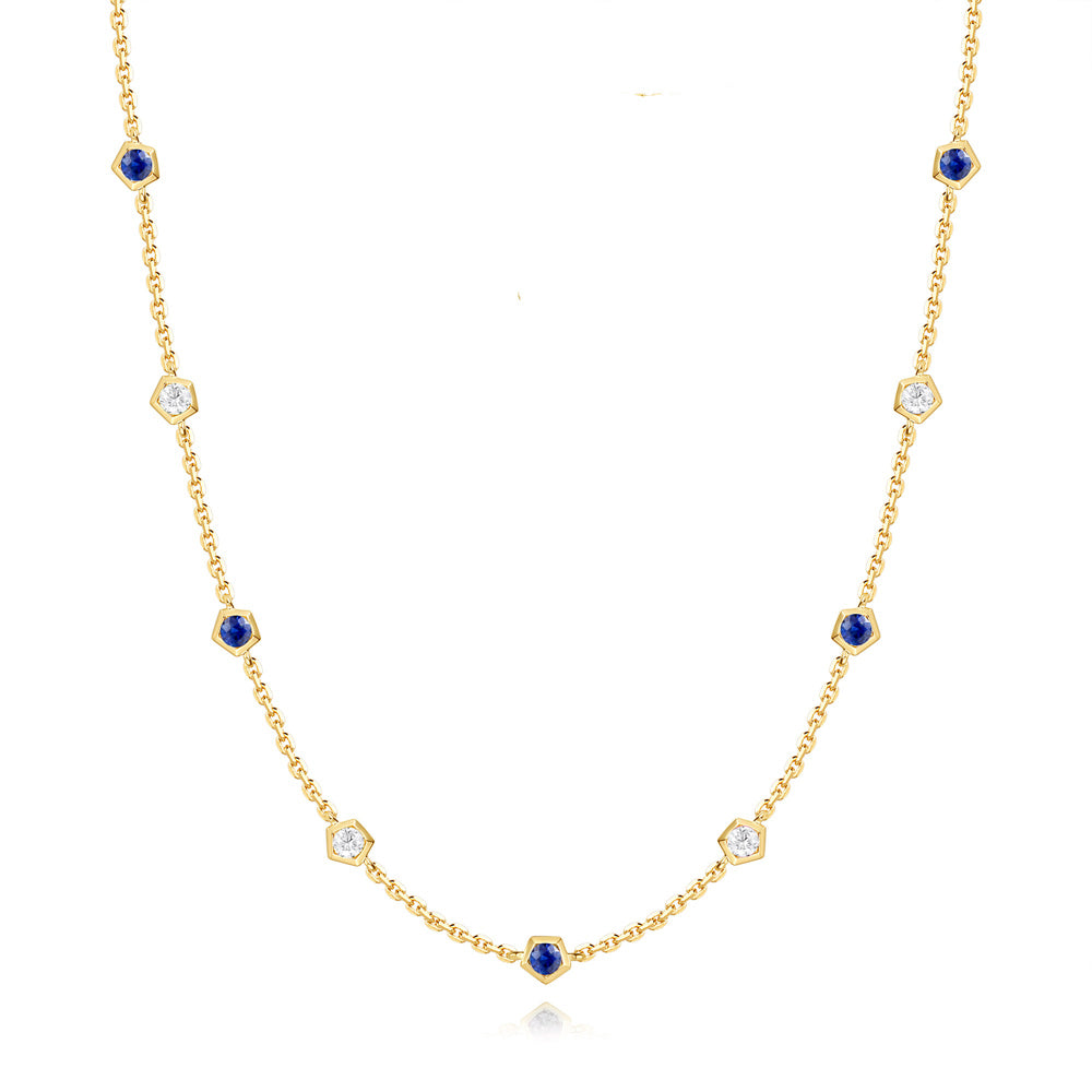 This Necklace is available in 14K Yellow Gold. There are a total of 9 stones. There are Rounds with a total carat weight of 0.22 set in a Bezel Set setting.There are Sapphire stones with a total carat weight of 0.45 set in a Bezel Set.