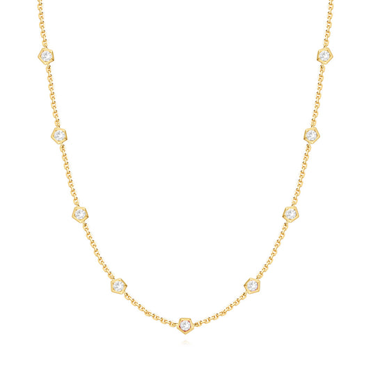 This Necklace is available in 14K Yellow Gold. There are a total of 9 stones. There are Rounds with a total carat weight of 0.5 set in a Bezel Set setting.