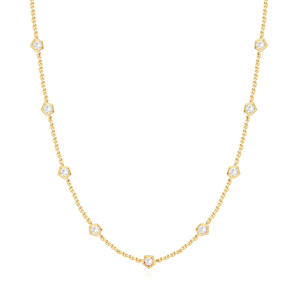 This Necklace is available in 14K Yellow Gold. There are a total of 9 stones. There are Rounds with a total carat weight of 0.5 set in a Bezel Set setting.