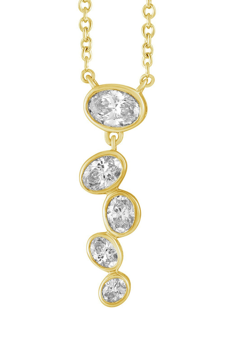 This Necklace is available in 14K Yellow Gold. There are a total of 5 stones. There are Oval with a total carat weight of 0.63 set in a Bezel Set setting.