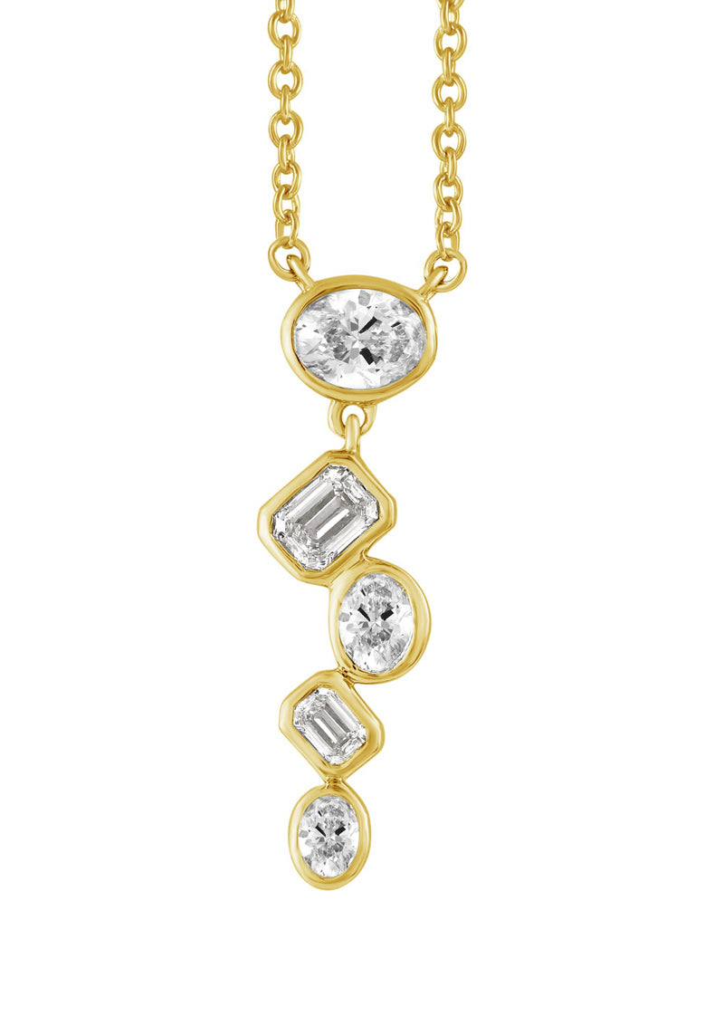 This Necklace is available in 14K Yellow Gold. There are a total of 5 stones. There are Emerald Cut with a total carat weight of 0.25 set in a  setting.There are Oval stones with a total carat weight of 0.4 set in a .