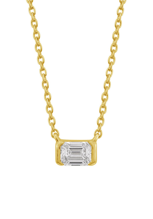 This Necklace is available in 14K Yellow Gold. There are a total of 1 stones. There are Emerald Cut with a total carat weight of 0.31 set in a Channel Set setting.