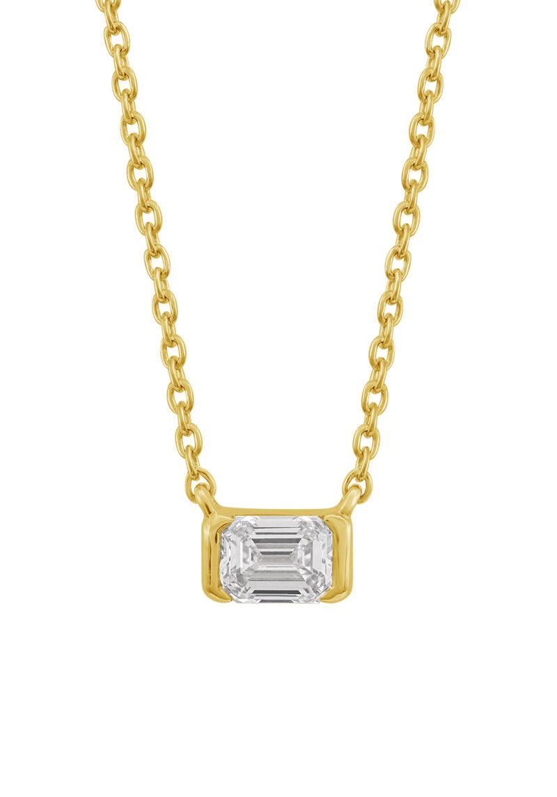 This Necklace is available in 14K Yellow Gold. There are a total of 1 stones. There are Emerald Cut with a total carat weight of 0.31 set in a Channel Set setting.