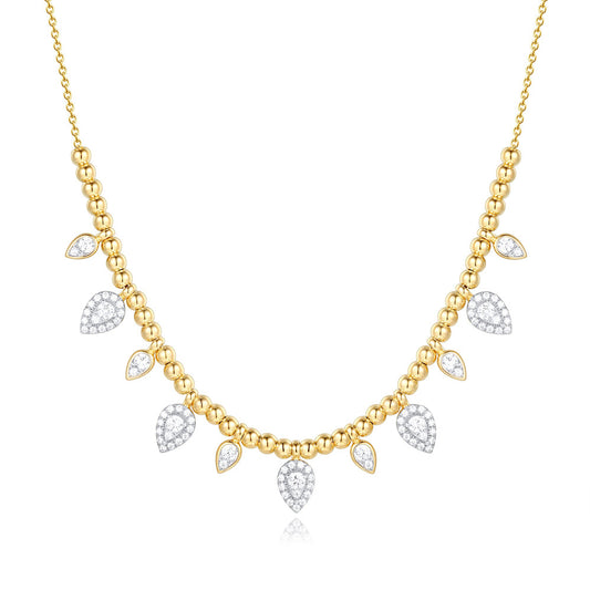 This Necklace is available in 14K Yellow Gold. There are a total of 87 stones. There are Rounds with a total carat weight of 0.72 set in a Micro Prong setting.