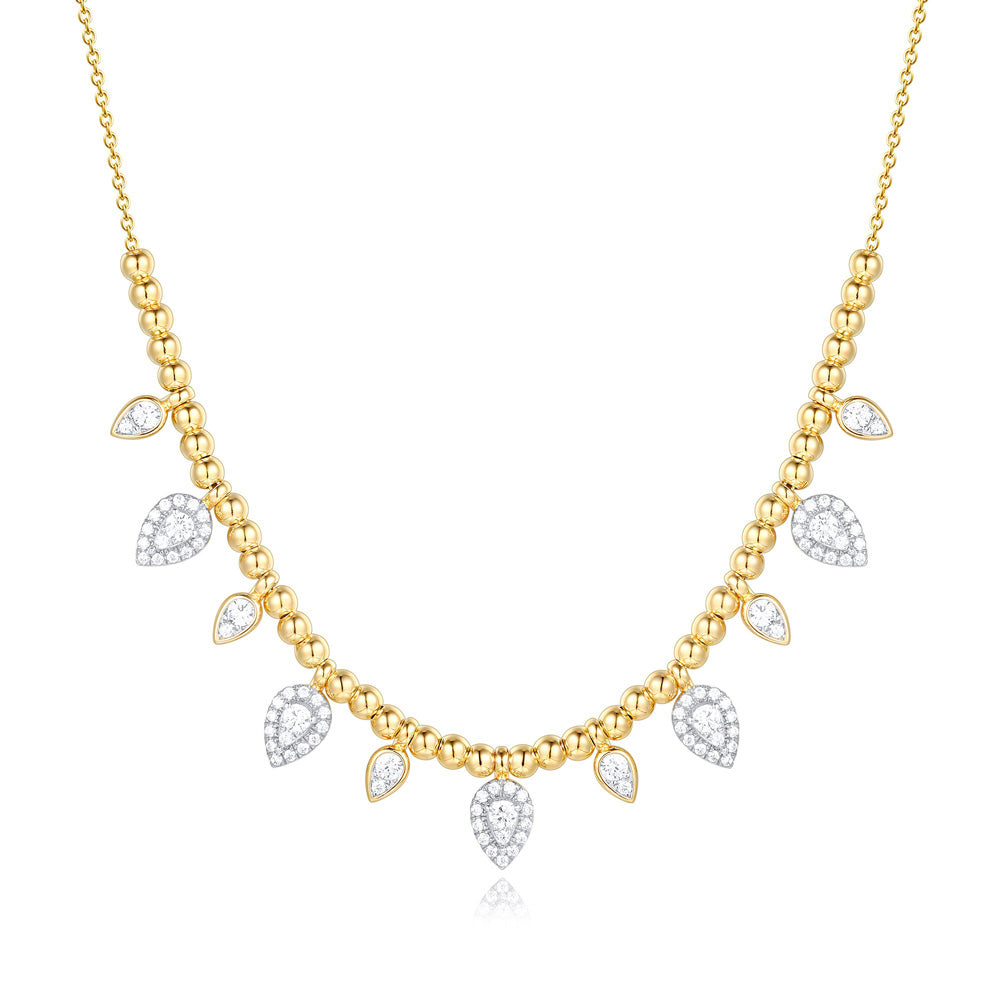 This Necklace is available in 14K Yellow Gold. There are a total of 87 stones. There are Rounds with a total carat weight of 0.72 set in a Micro Prong setting.