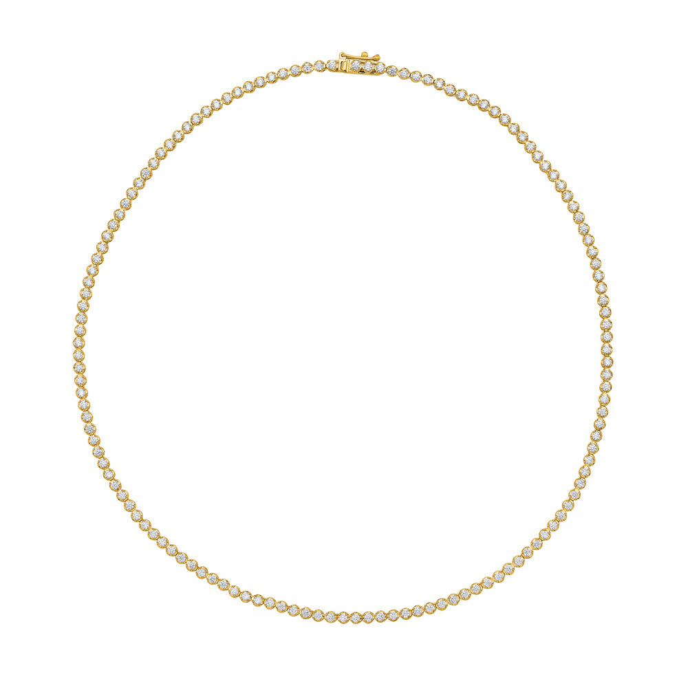 This Necklace is available in 14K Yellow Gold. There are a total of 136 stones. There are Rounds with a total carat weight of 4.93 set in a  setting.