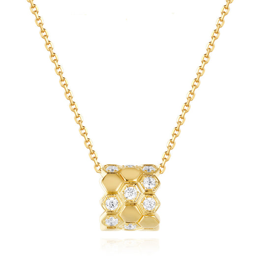 This Necklace is available in 14K Yellow Gold. There are a total of 9 stones. There are Rounds with a total carat weight of 0.4 set in a Prong Set setting.