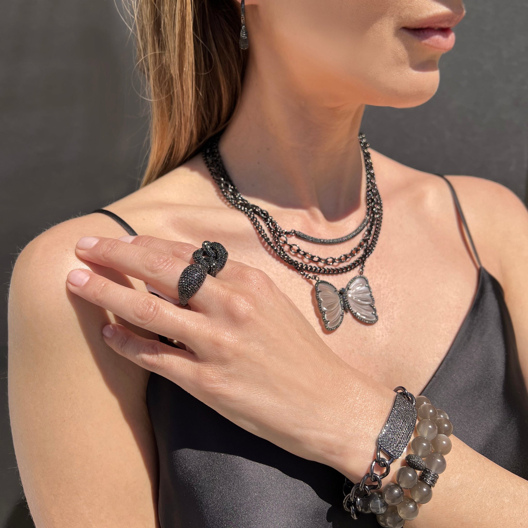 Black Diamond Smile Bar Triple Chain Necklace NBLK0044 - TBird