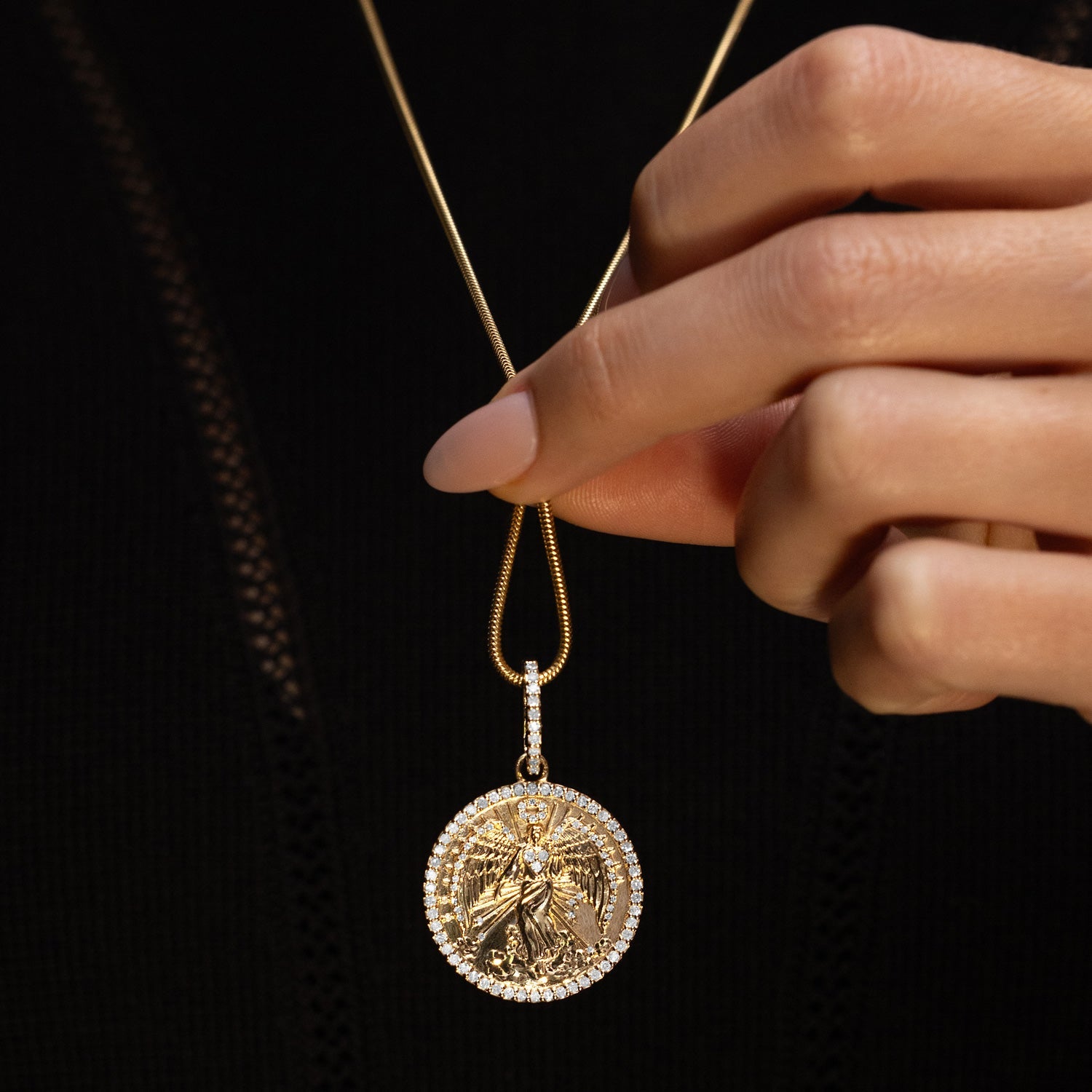 14k Gold and Diamond Guardian Angel Coin Pendant only or on 14k Franco Chain - 30"