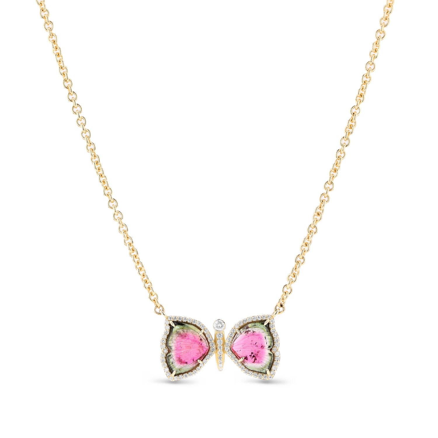 14K Watermelon Tourmaline Diamond Butterfly Chain Necklace -18"  NG002670 - TBird