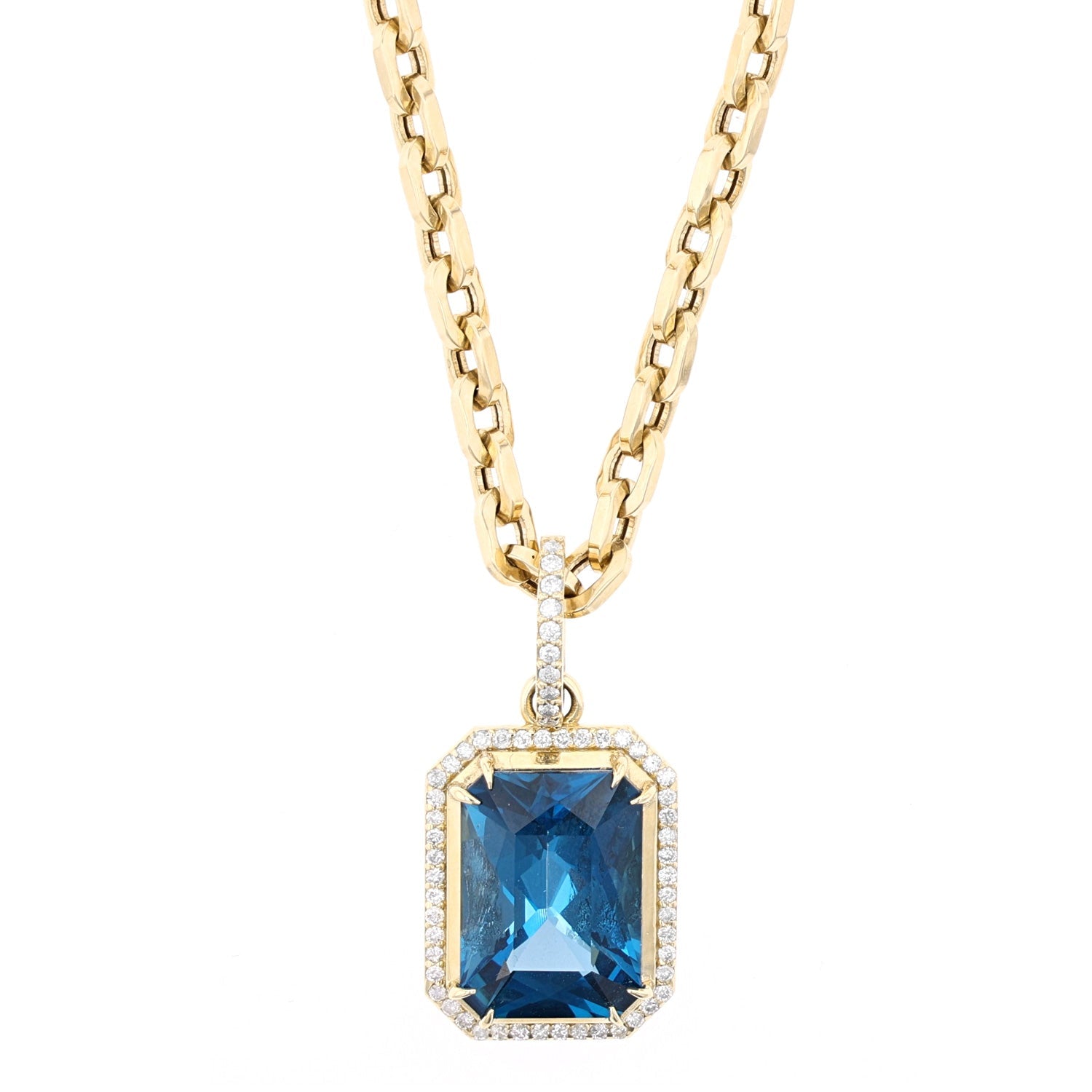 14K London Blue Topaz Diamond Rectangle Pendant Chain Necklace - 28"  NG002754 - TBird