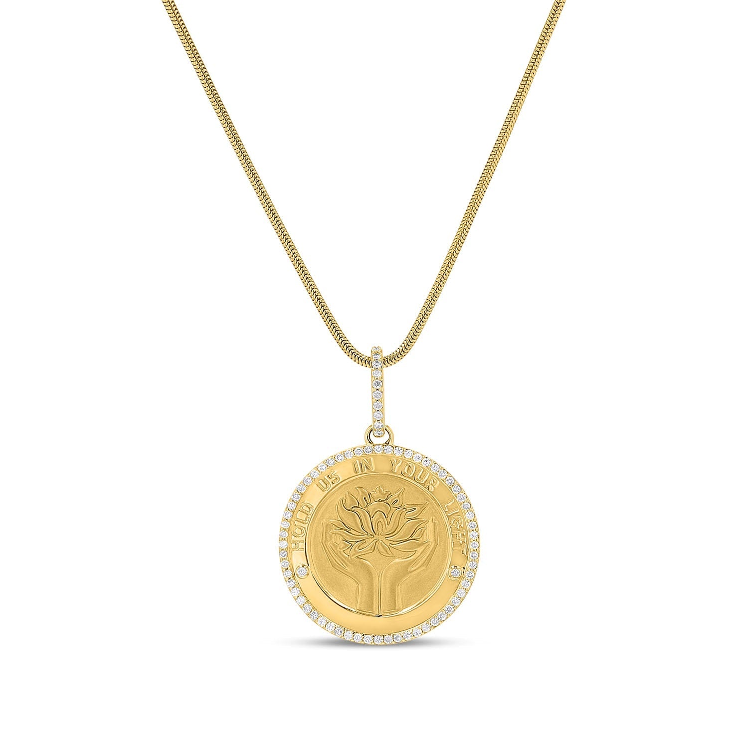 14k Diamond Lotus Medallion "Hold Us in Your Light" Pendant - 30mm