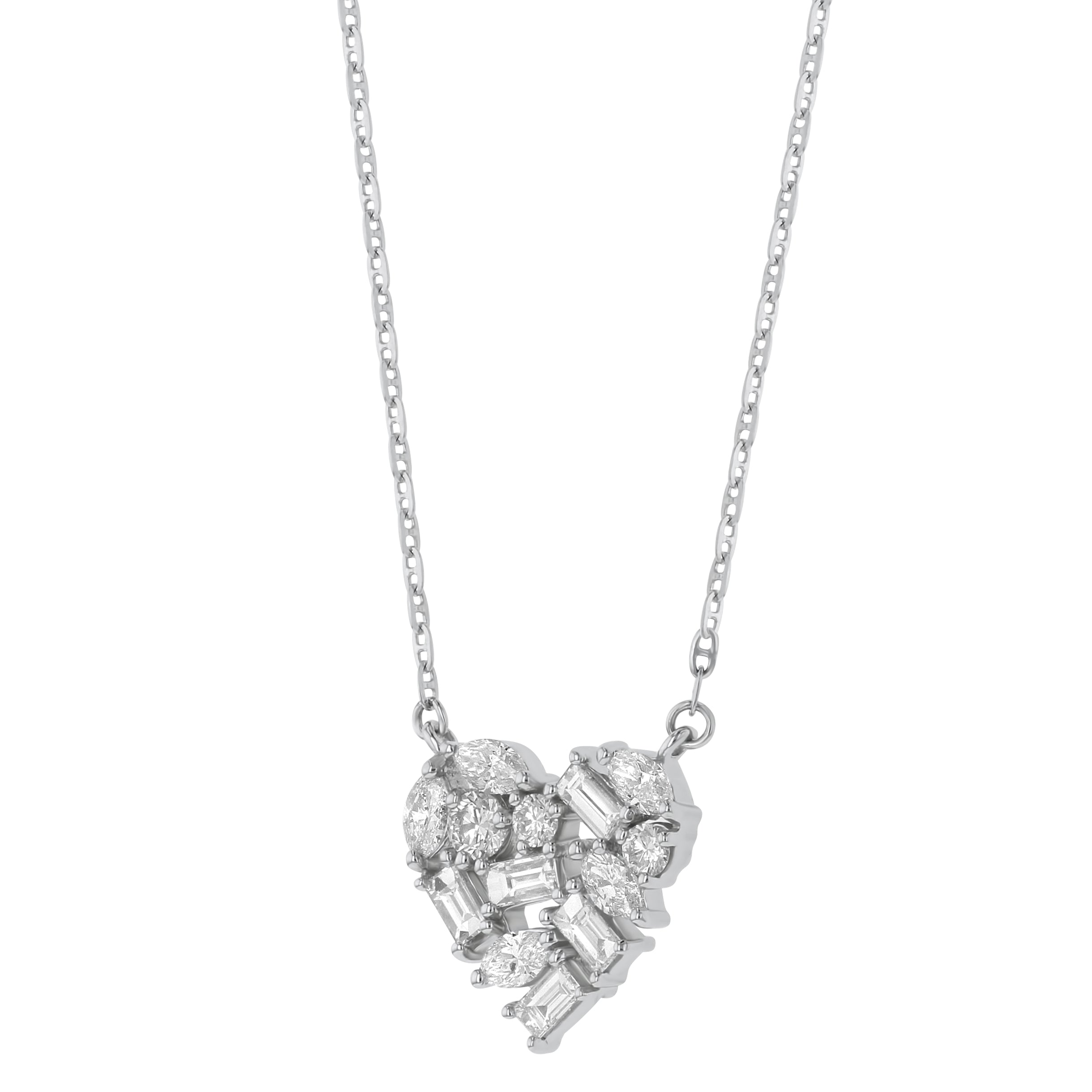 14K White Gold 0.75 carat Baguette, Marquise and Round Diamonds Heart Necklace