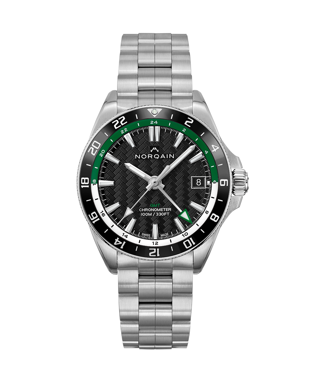 NORQAIN Adventure NEVEREST GMT Black Dial Green and White Ring Stainless Steel Automatic Watch
