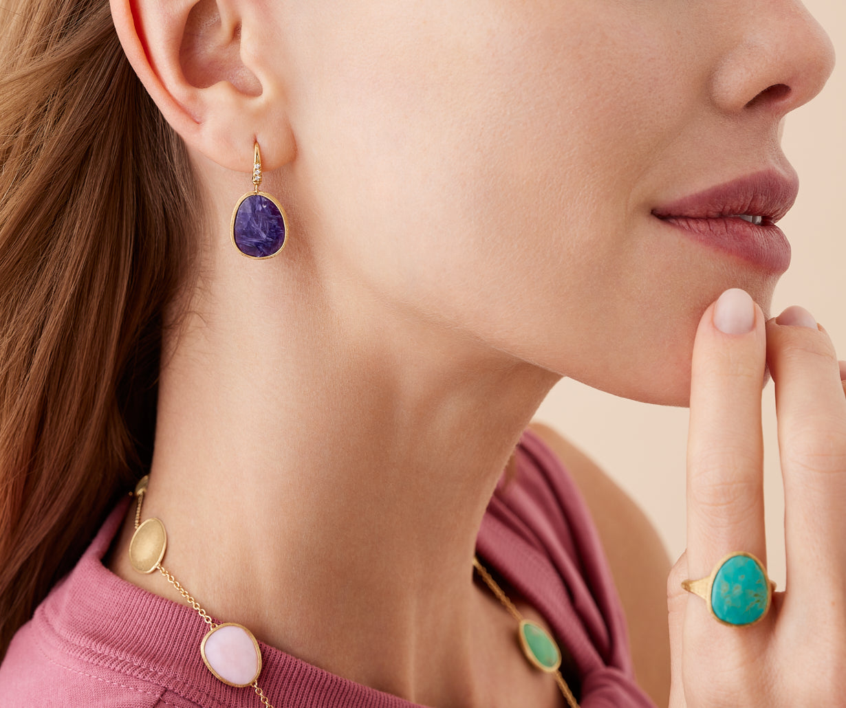 18K Yellow Gold Drop Earrings with Charoite and Diamond Accent