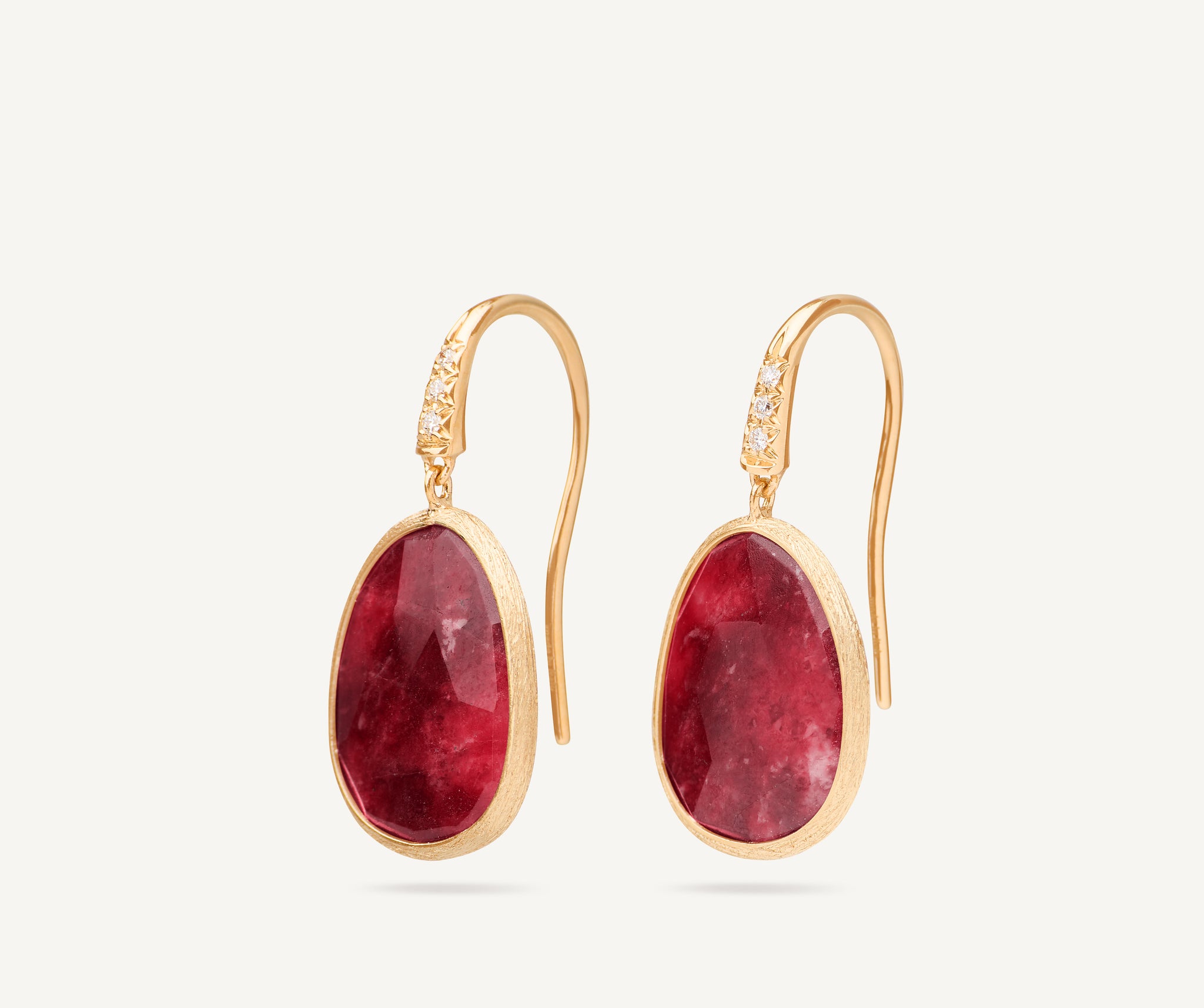 18K Yellow Gold Drop Earrings with Thulite and Diamond Accent