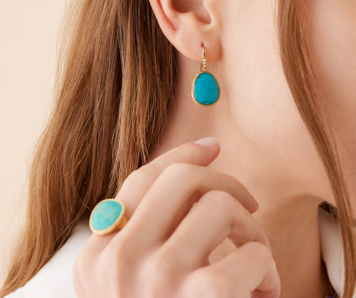 18K Yellow Gold Drop Earrings with Turquoise and Diamond Accent