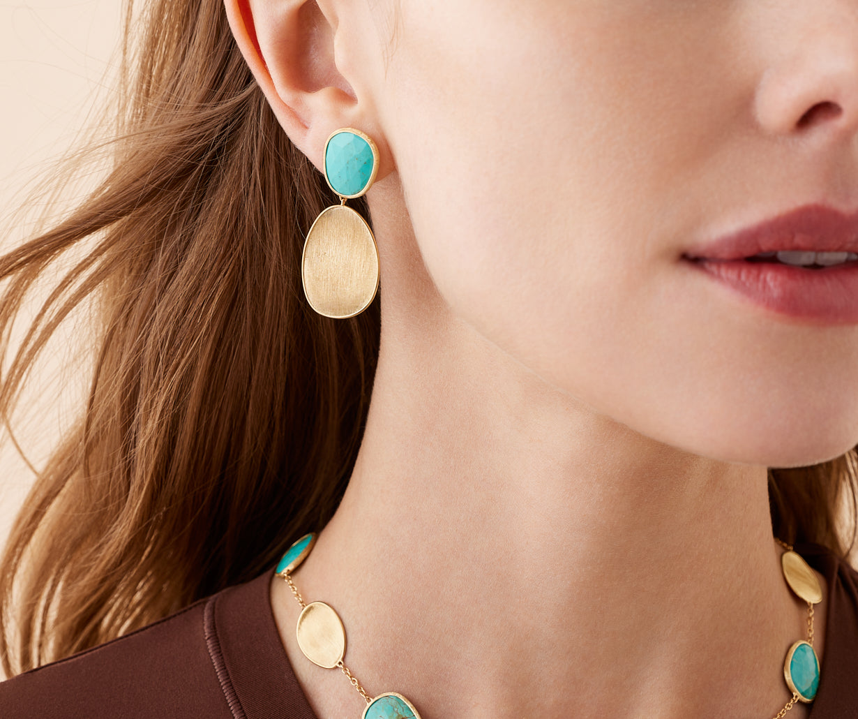 18K Yellow Gold Double Drop Small Turquoise Earrings