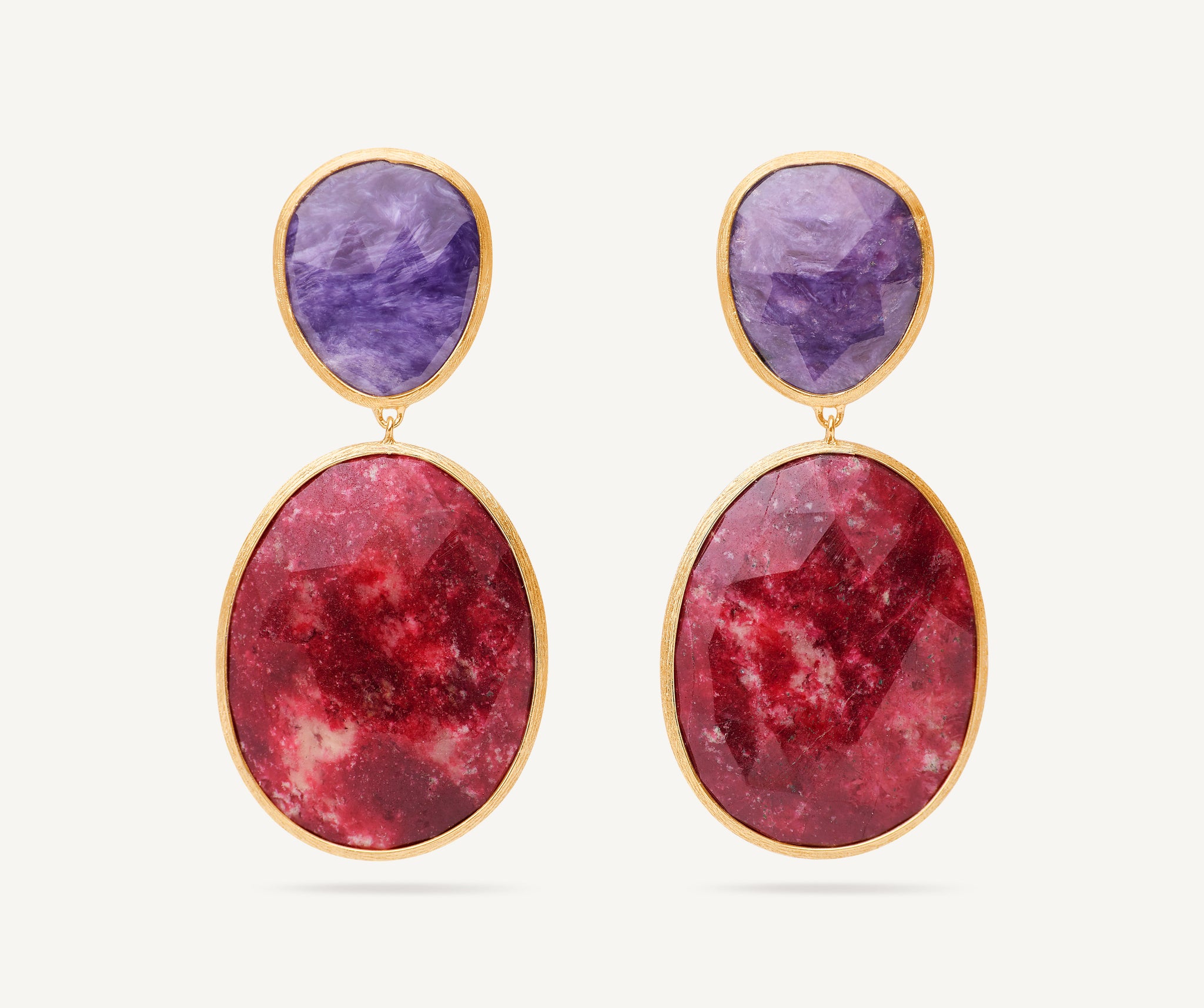 18K Yellow Gold Double Drop Earrings with Charoite and Thulite
