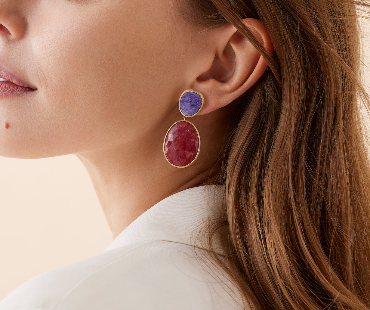 18K Yellow Gold Double Drop Earrings with Charoite and Thulite