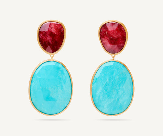 18K Yellow Gold Double Drop Earrings with Thulite and Turquoise