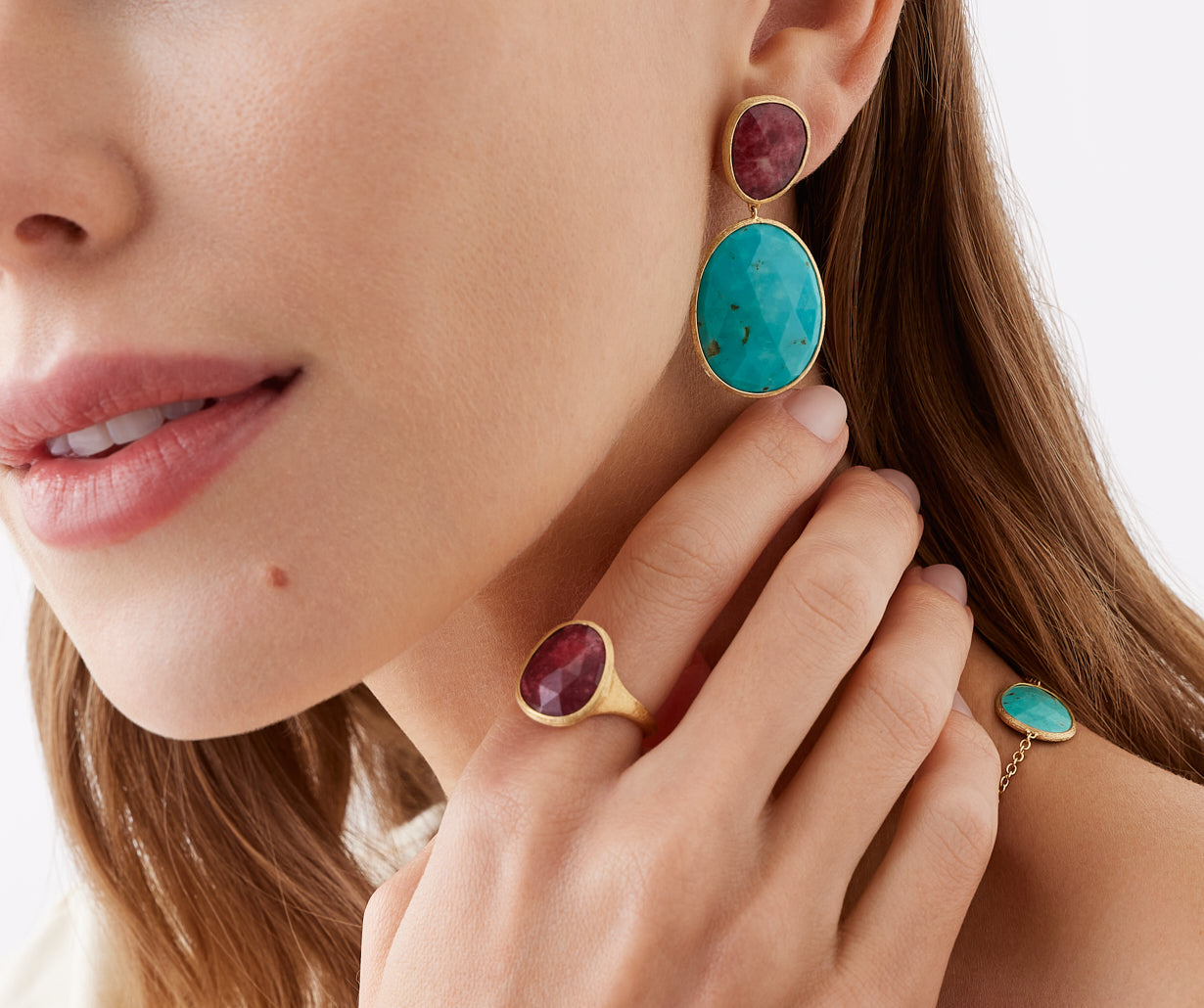 18K Yellow Gold Double Drop Earrings with Thulite and Turquoise
