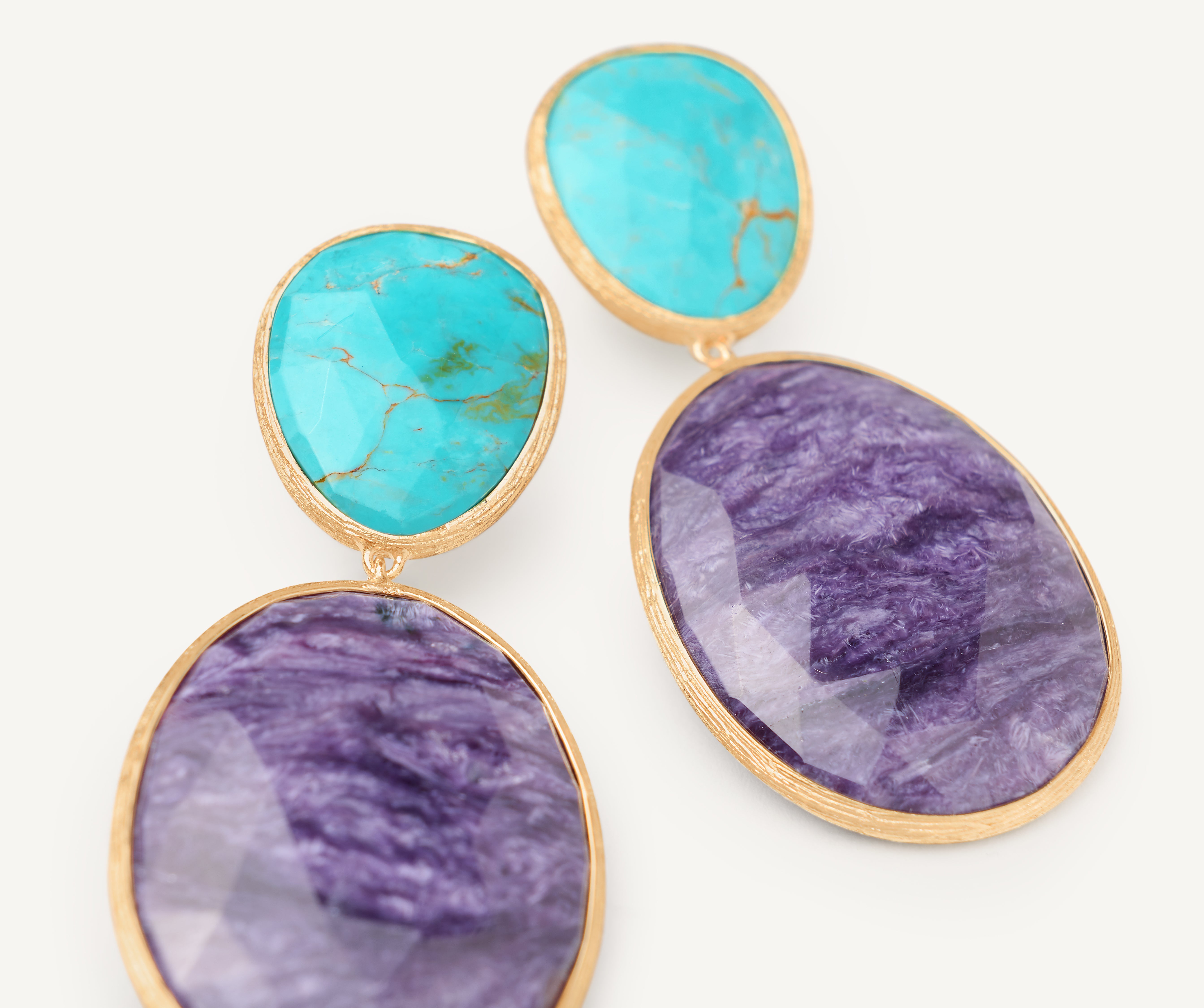 18K Yellow Gold Double Drop Earrings with Turquoise and Charoite