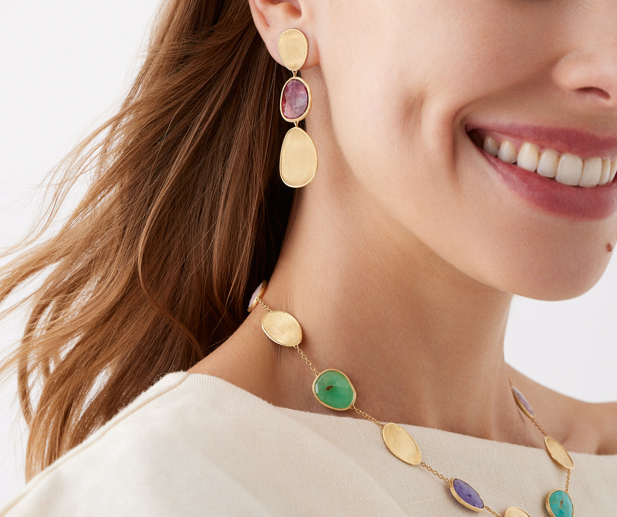 18K Yellow Gold Three-Drop Thulite Earrings