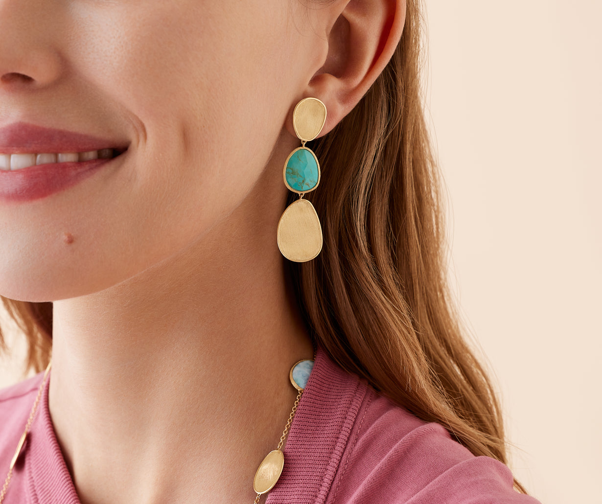 18K Yellow Gold Three-Drop Turquoise Earrings
