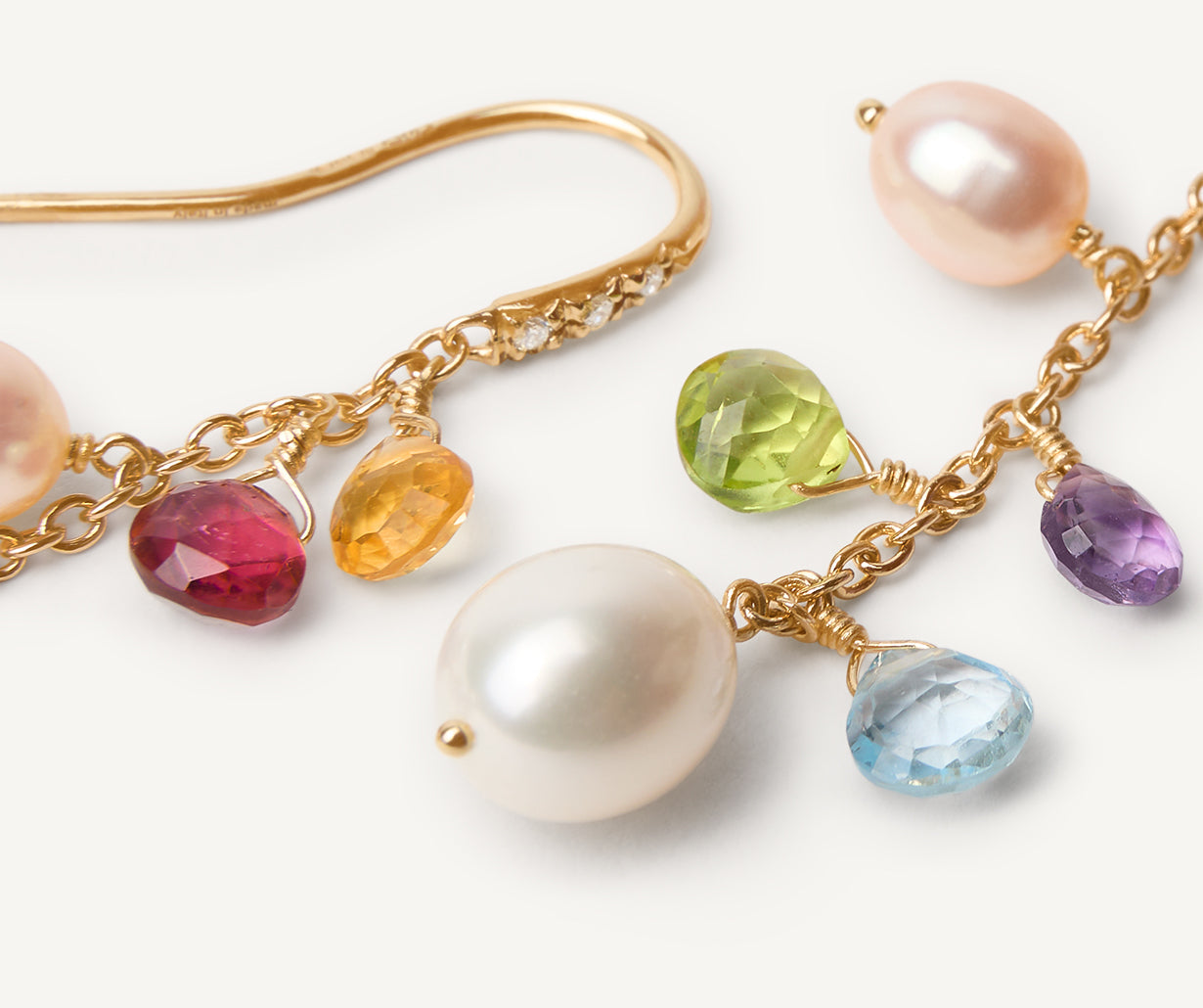 Gold drop earrings with diamonds, pearls and gemstones