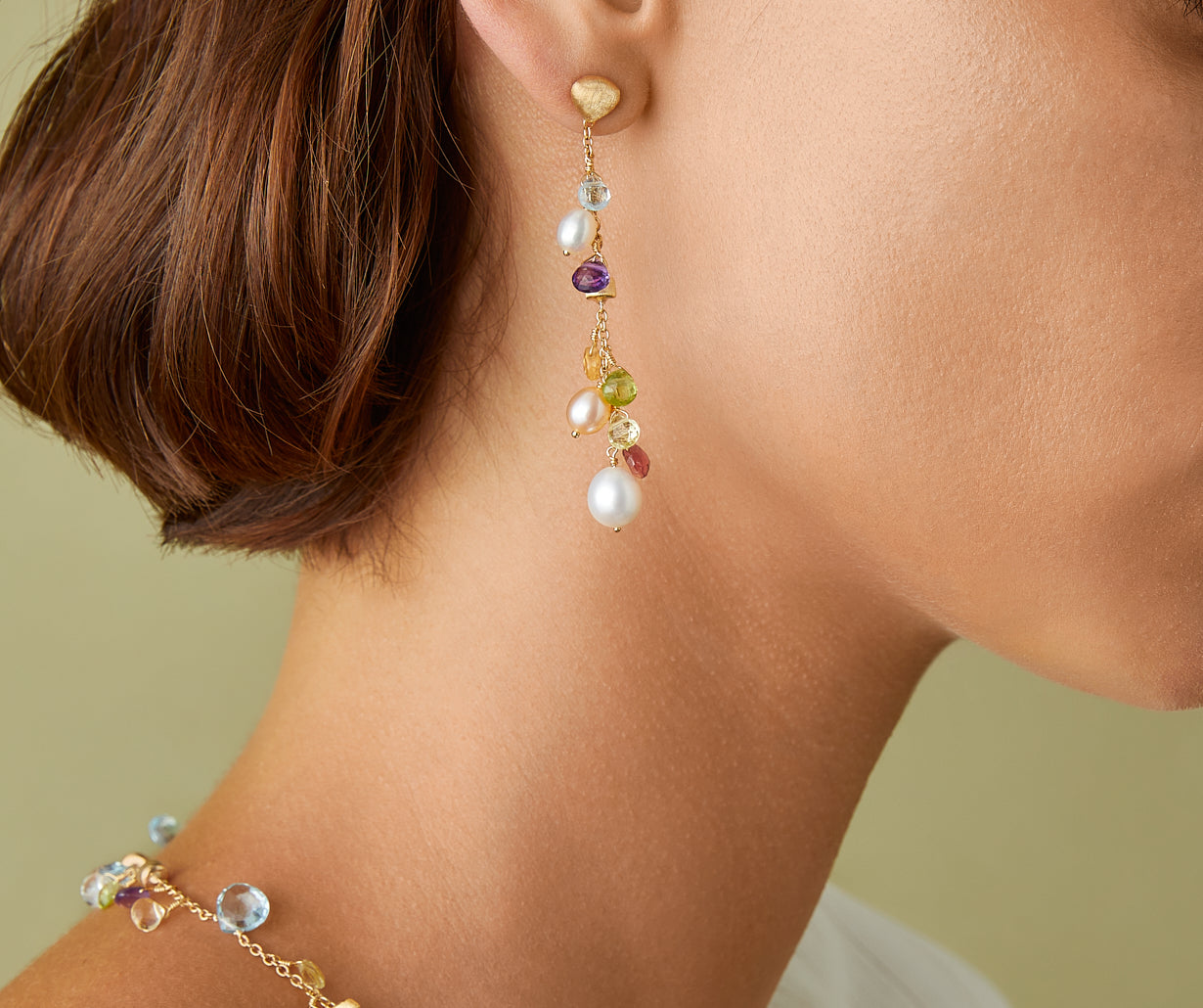 18kt yellow gold pearls and gemstones long drop earrings