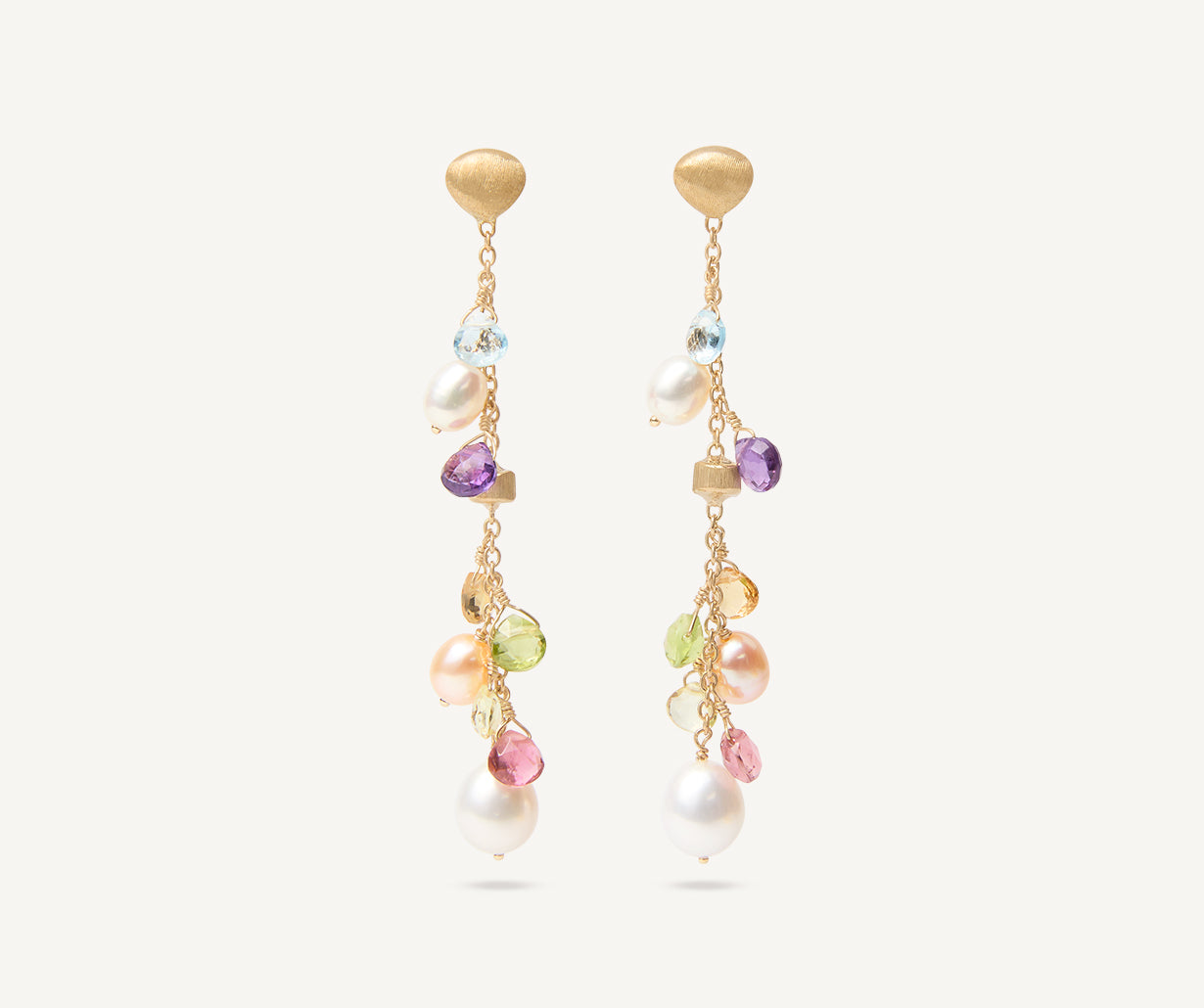 18kt yellow gold pearls and gemstones long drop earrings