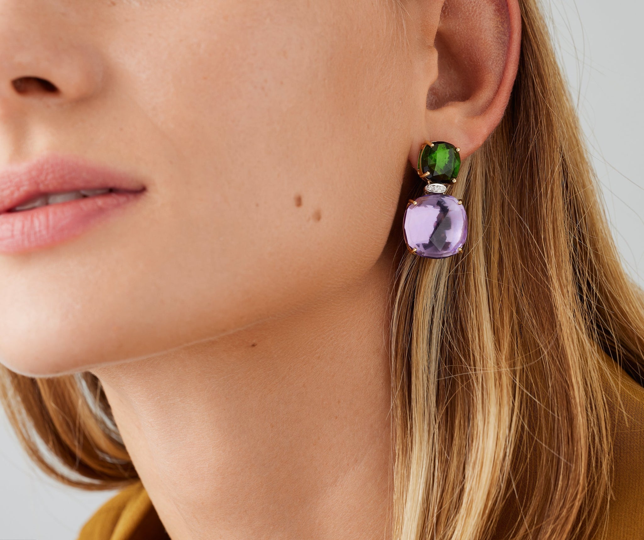 18kt Yellow Gold Drop Earrings with Green Tourmaline, Amethyst, and Diamond Pav��