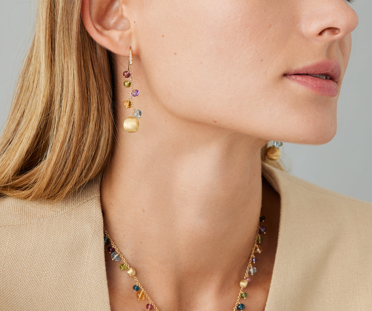 18kt yellow gold mixed gemstone long drop earrings with diamond hook