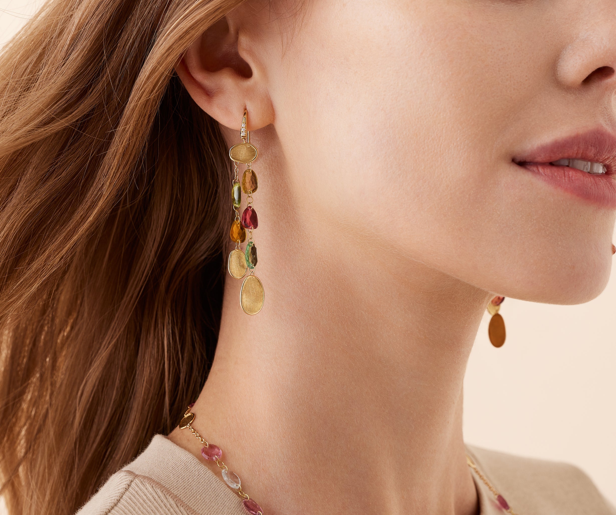 18K Yellow Gold Multi-Strand Tourmaline Earrings with Diamond Accent