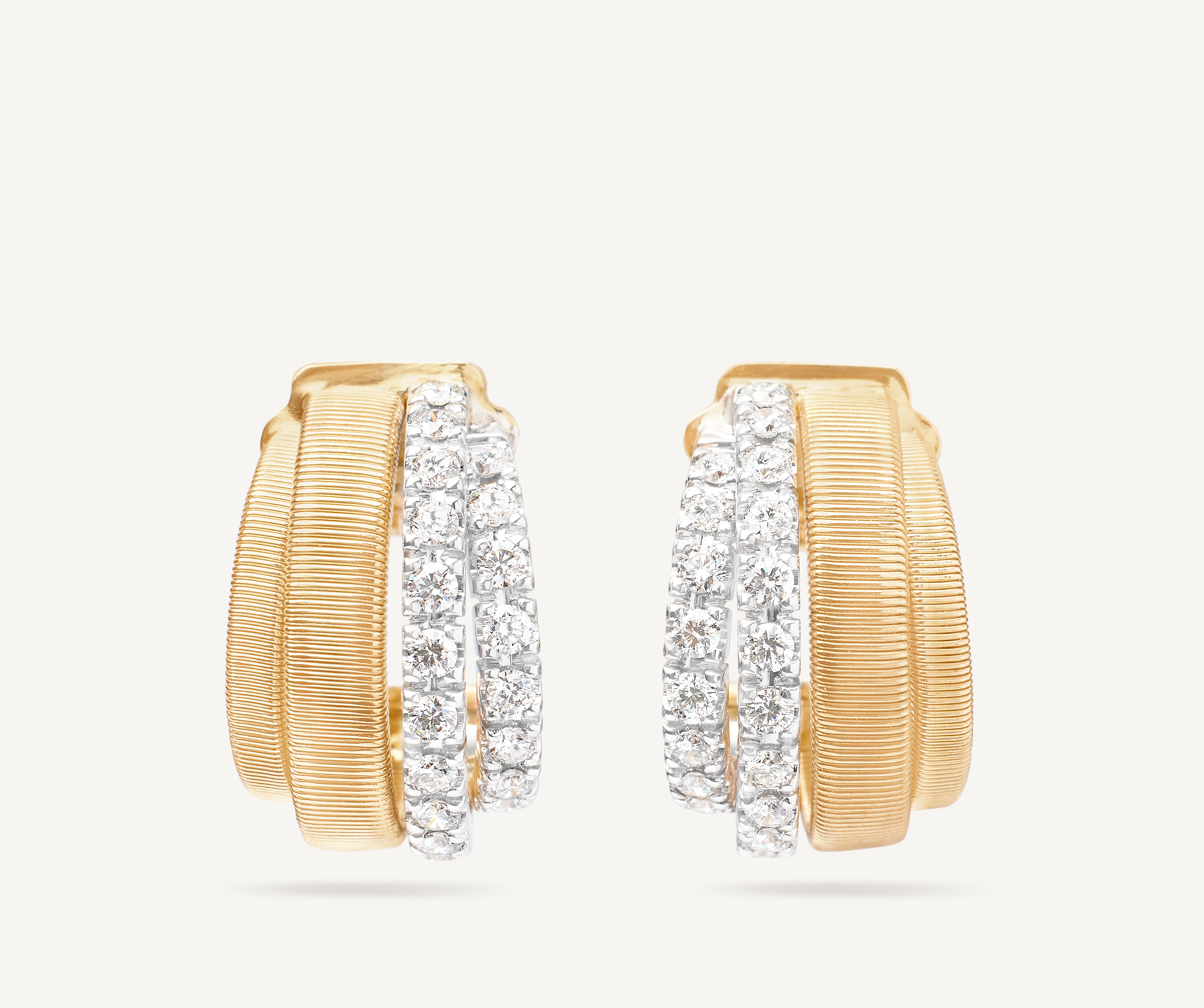 18K Yellow Gold Coil and 2 Row Diamond Huggie Earrings