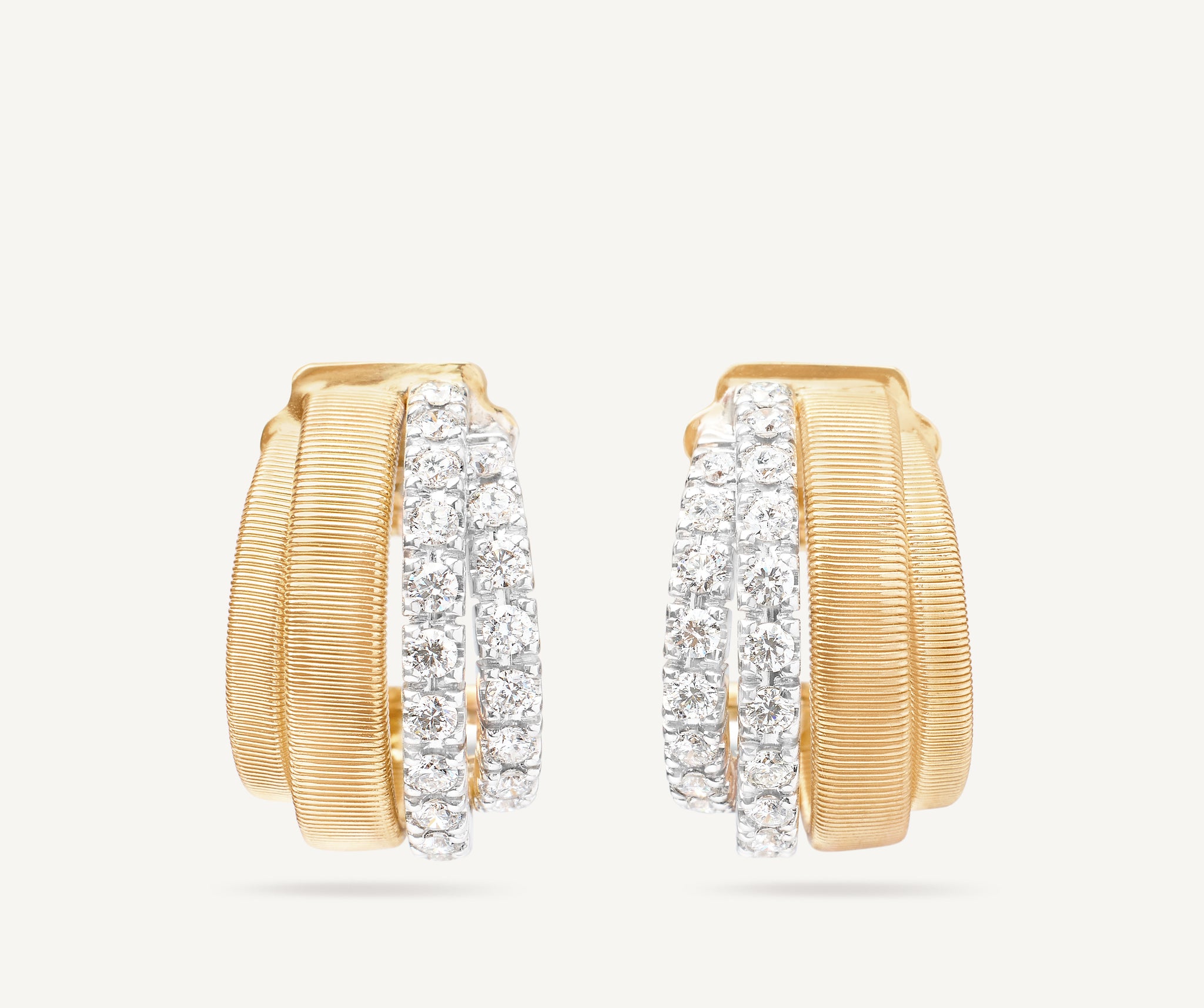 18K Yellow Gold Coil and 2 Row Diamond Huggie Earrings