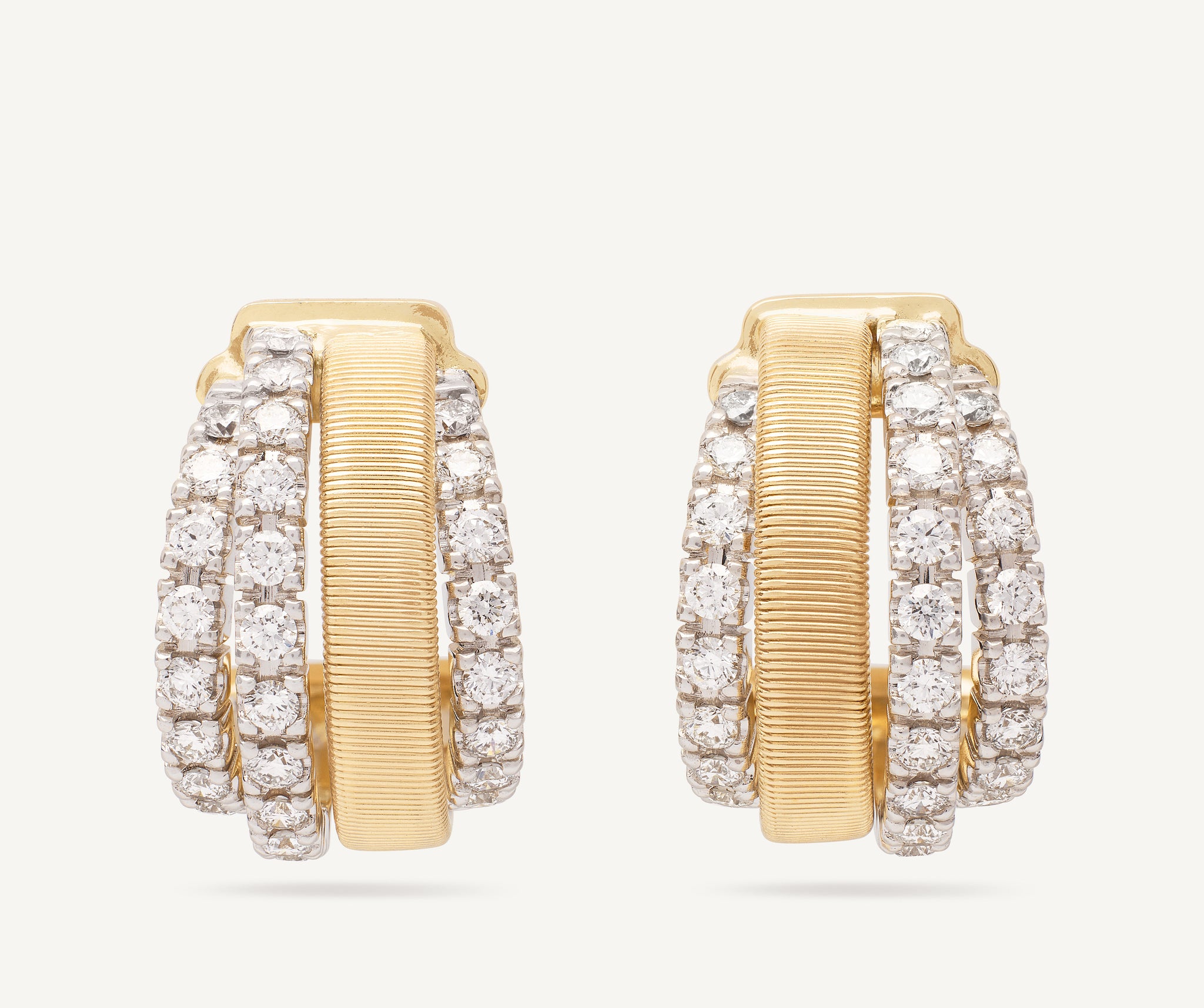 18K Yellow Gold Coil and 3 Row Diamond Huggie Earrings