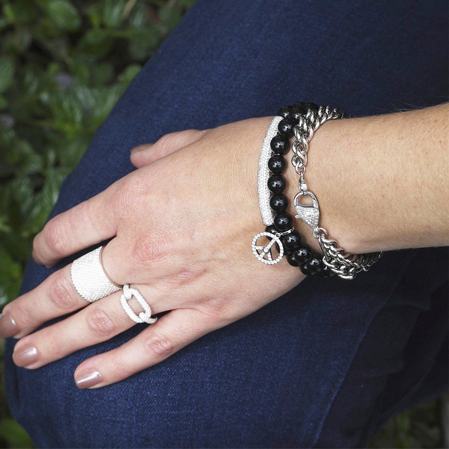 Onyx Bracelet with Diamond Peace Sign Charm - 8mm B0004287