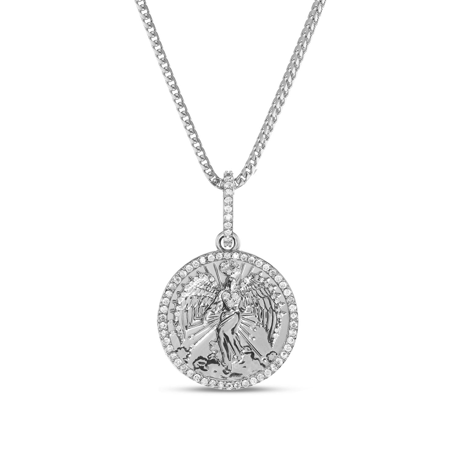 Silver and Diamond Guardian Angel Coin Pendant Only or on Franco Chain - 18"