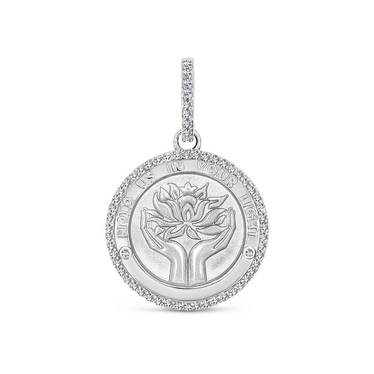 Diamond Lotus "Hold Us in Your Light" Medallion Pendant Only or on Franco Chain