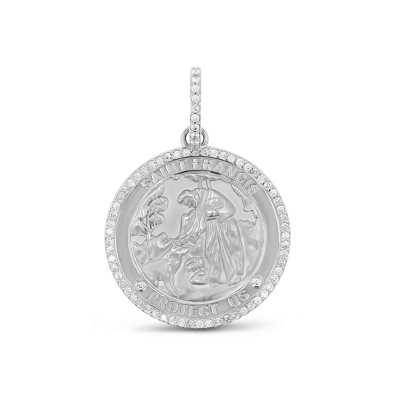 St. Francis "Protect Us" Diamond Halo 30mm Medallion Only or on 18" Franco Chain