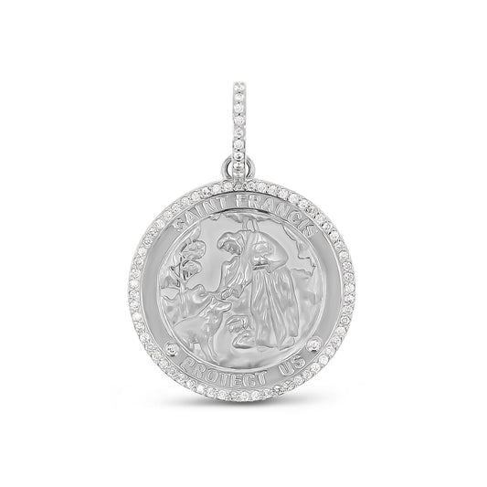 St. Francis "Protect Us" Diamond Halo 30mm Medallion Only or on 18" Franco Chain