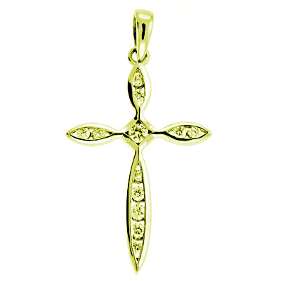 This Pendant is available in 14K Yellow Gold. There are a total of 12 stones. There are Rounds with a total carat weight of 0.25 set in a  setting.