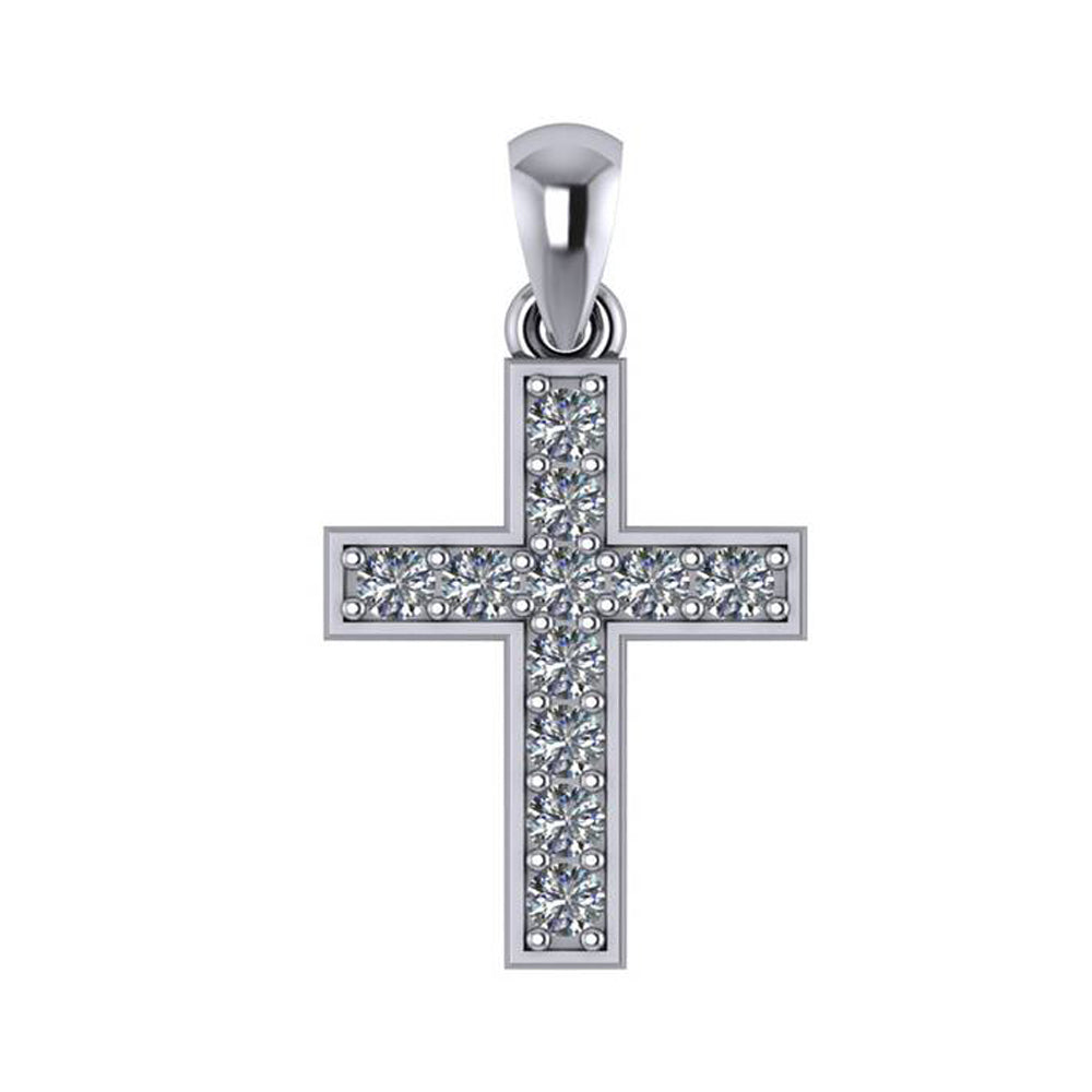 This Pendant is available in 14K White Gold. There are a total of 11 stones. There are Rounds with a total carat weight of 0.33 set in a  setting.