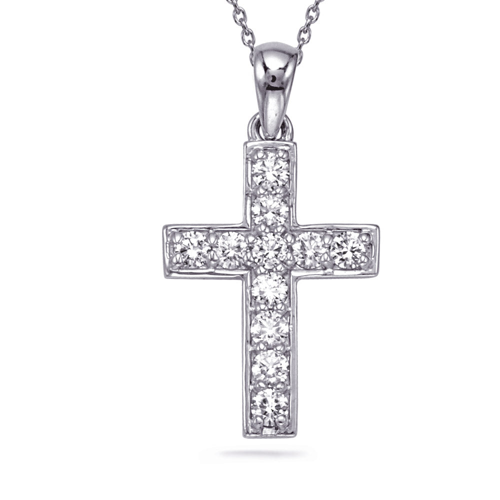 This Pendant is available in 14K White Gold. There are a total of 11 stones. There are Rounds with a total carat weight of 0.43 set in a  setting.