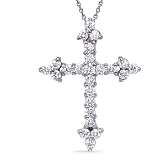 This Pendant is available in 14K White Gold. There are a total of 24 stones. There are Rounds with a total carat weight of 0.65 set in a  setting.