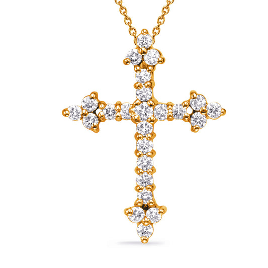 This Pendant is available in 14K Yellow Gold. There are a total of 24 stones. There are Rounds with a total carat weight of 0.65 set in a  setting.
