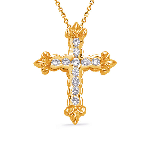 This Pendant is available in 14K Yellow Gold. There are a total of 11 stones. There are Rounds with a total carat weight of 0.25 set in a  setting.